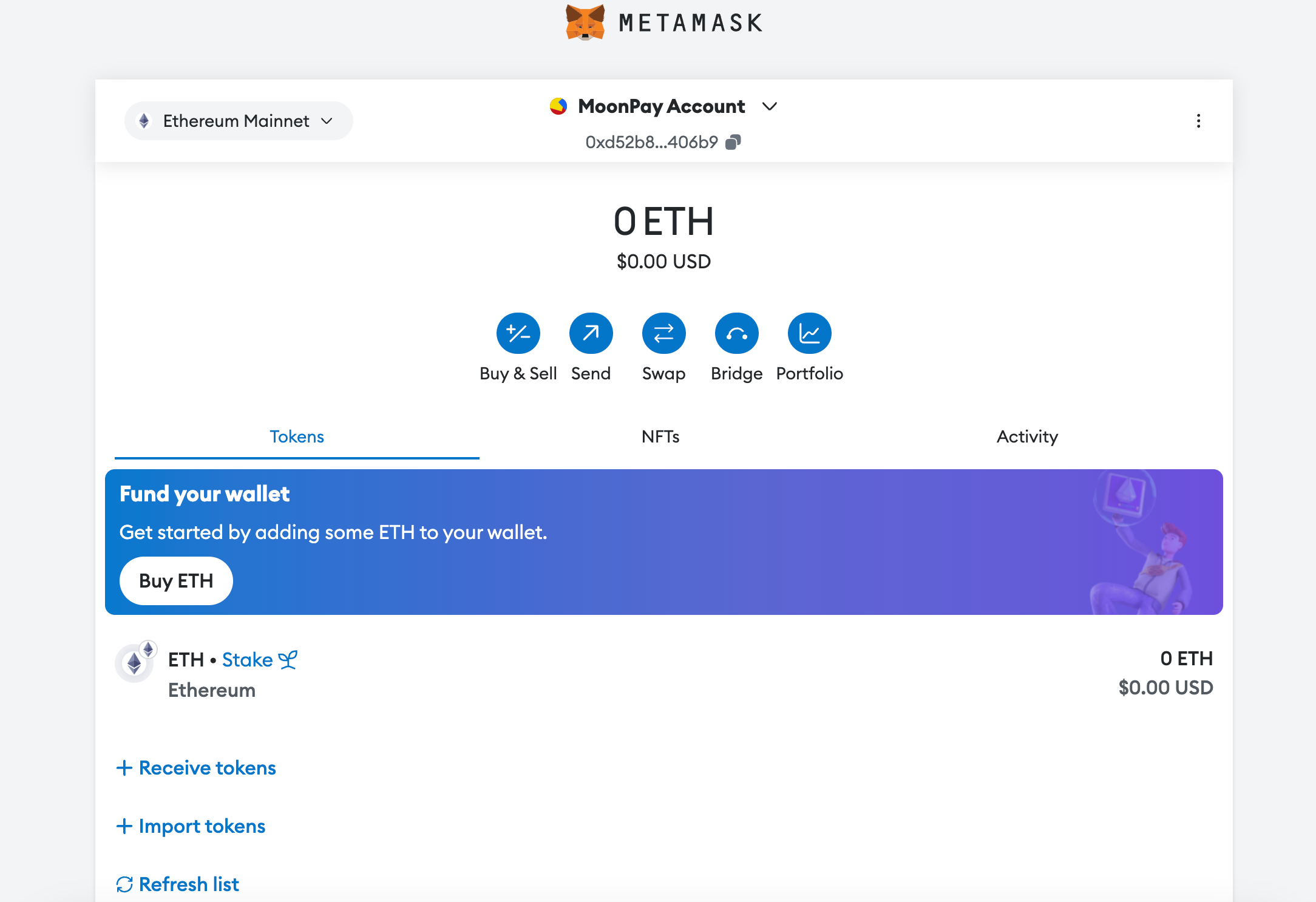 MetaMask wallet home screen